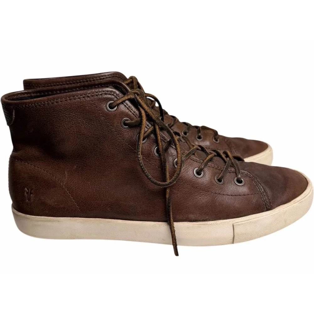 Frye Brett High Top Leather Sneakers Brown Lace Up Casual Mens 10.5 Minimalist - Picture 5 of 14